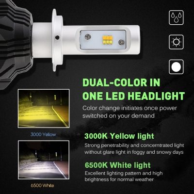 A359 Car LED Headlight Bulbs H7 50W 8000LM 3000K Yellow& 6500K White LUXEON ZES LED, Pack of 2
