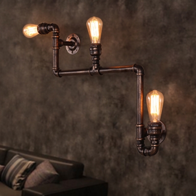 Industrial Vintage Wall Sconce with Bare Edison Bulb in Black Finish, 3 Lights
