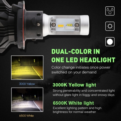 A359 Car LED Headlight Bulbs H13 40W 8000LM 3000K Yellow& 6500K White LUXEON ZES LED, Pack of 2
