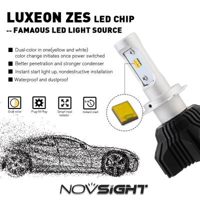 A359 Car LED Headlight Bulbs H7 50W 8000LM 3000K Yellow& 6500K White LUXEON ZES LED, Pack of 2