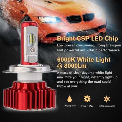 Nighteye A372 Car LED  Headlight Bulbs H4 60W 8000LM 6000K CSP LED, Pack of 2