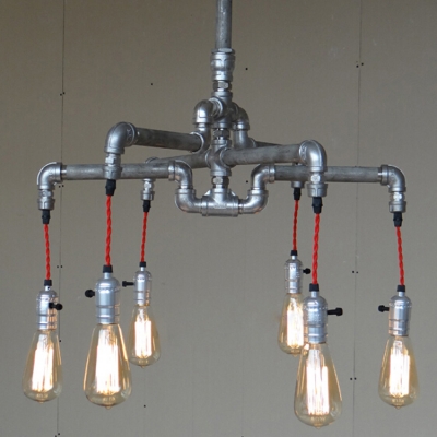 Industrial Chandelier with Bare Edison Bulbs in Silver Finish, 6 Lights