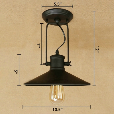 Rotatable Industrial Semi Flush Light in Shallow Round Shade Metal Ceiling Light in Black Finish