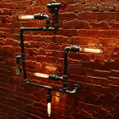 Industrial Pipe Wall Sconce in Black Finish with Valve and Pressure Gauge Accent, 4 Lights