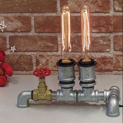 Industrial Vintage Water Valve Table Lamp with Bare Bulbs, 2 Lights Uplighting
