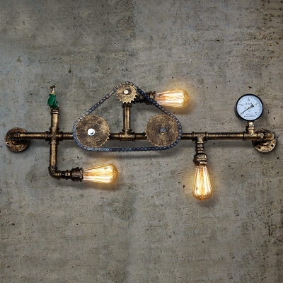 Industrial Wall Sconce with Gear, Pressure Gauge and Tap Accent, 3 Lights 40'' Width