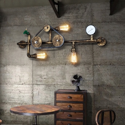 Industrial Wall Sconce with Gear, Pressure Gauge and Tap Accent, 3 Lights 40'' Width