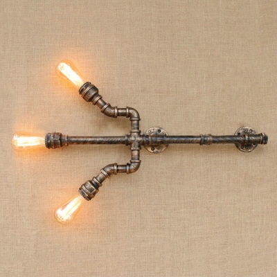 Industrial Water Pipe Wall Sconce in Rust Finish, 3 Lights 14.5'' Width