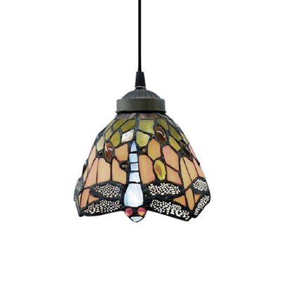 Vintage Tiffany Style Mini Pendant Light Highlights Vivid Dragonfly