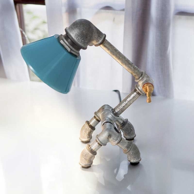 Industrial Robot Table Lamp with Blue Cone Shade in Silver Finish