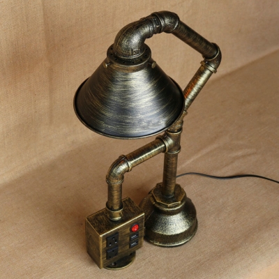 Industrial Antique Bronze Table Lamp with Conical Shade with Socket and USB Port Accent
