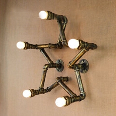 Industrial Pentacle Shaped Wall Sconce in Antique Brass Finish, 5 Lights