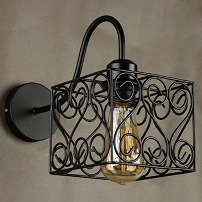 Industrial Wall Sconce with Gooseneck Arm and Novelty Pattern Metal Cage