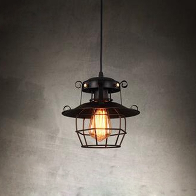 Industrial Hanging Lantern with Wire Net Metal Cage in Black for Barn