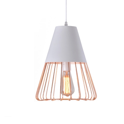 Industrial Hanging Pendant Light with Triangle Wire Metal Cage Shade in Gold or White
