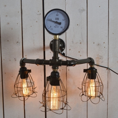 Industrial Pressure Gauge Wall Sconce in Black Finish with Cage Frame, 3 Lights