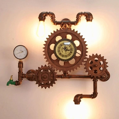 Industrial Wall Sconce with Gear, Tap, Gear and Clock Accent in Copper Finish