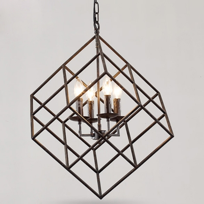 Industrial Candelabra Chandelier with Square Shade in Rust