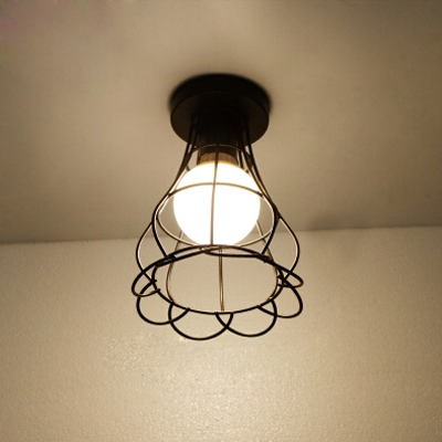 Industrial Flush Mount Ceiling Light with Flower Shade Metal Cage in Black