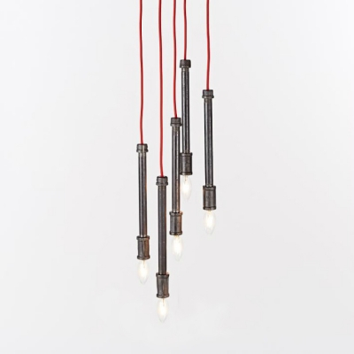 Industrial Mult-Light Pendant in Black Finish with Red Cord, 5 Lights