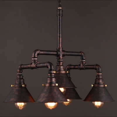 Industrial Water Pipe Chandelier in Rust Iron with Cone Shade 5 Lights