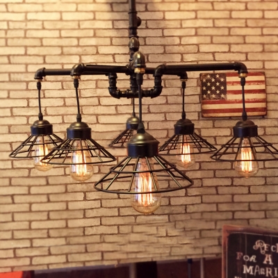Industrial Vintage Chandelier in Black Finish with Conical Wire Shade, 6 Lights