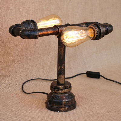 Retro Industrial Pipe Tabel Lamp in Rust Finish 2 Lights 11.5'' High