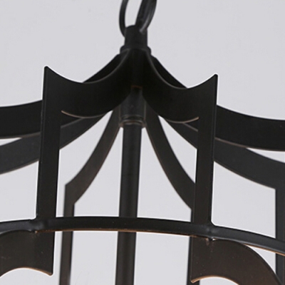 Industrial Candelabra Chandelier 6 Light with Bird Lantern Metal Cage in Black