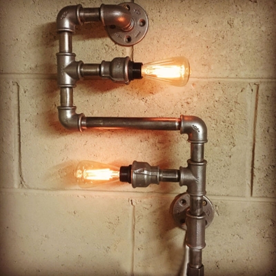 Industrial Pipe Loft Style Wall Sconce in Silver Finish, 2 Lights 12'' Height