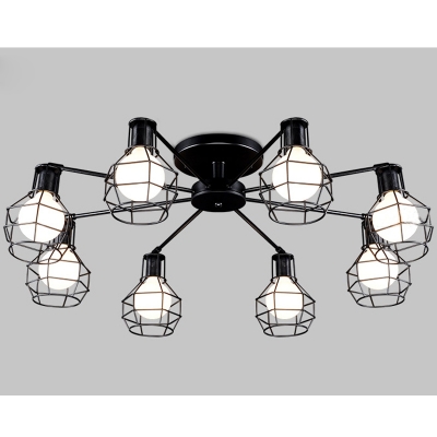 Industrial Semi Flush Ceiling Light LOFT 8 Light in Black with Wire Metal Cage