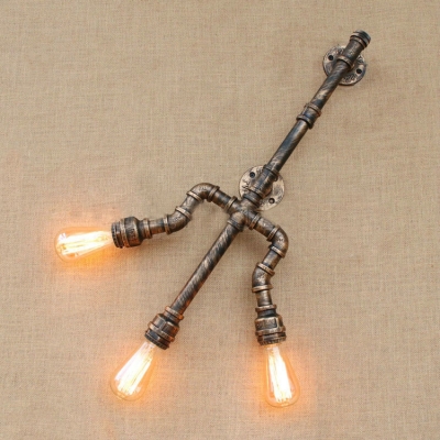 Industrial Water Pipe Wall Sconce in Rust Finish, 3 Lights 14.5'' Width