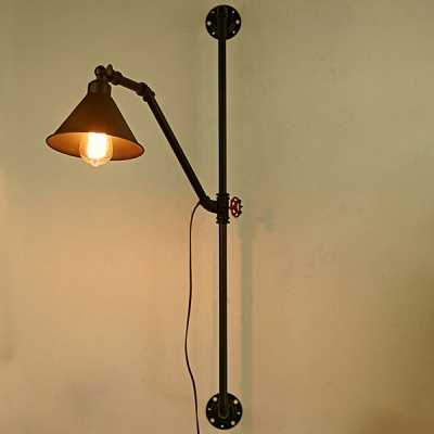 Industrial Metal Wall Sconce in Black with Water Valve Accent Cone Shade