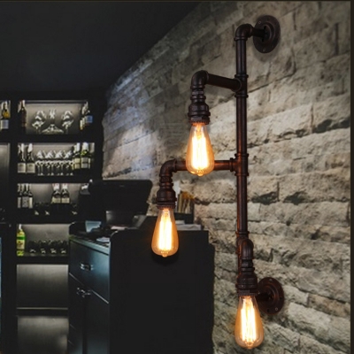Industrial Pipe Wall Sconce with Bare Edison Bulbs, 3 Lights Downlighting