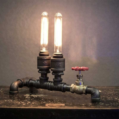 Industrial Vintage Water Valve Table Lamp with Bare Bulbs, 2 Lights Uplighting
