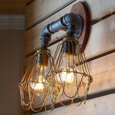 Industrial Loft Vintage Double Light Wall Sconce with Black Wire Cage, Downlighting