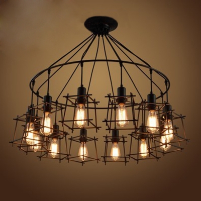 

Industrial Multi Pendant Light 12 Light with Lantern Metal Cage in Black