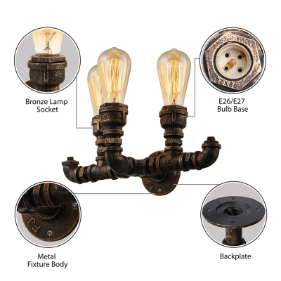 Industrial Pipe Wall Sconce in Bronze/Copper Finish with Edison Bulbs, 3 Lights