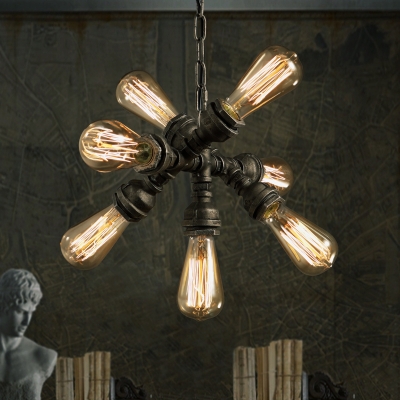 Adjustable 7 Bulb Pipe LED Pendant Chandelier in Antique Iron Finish