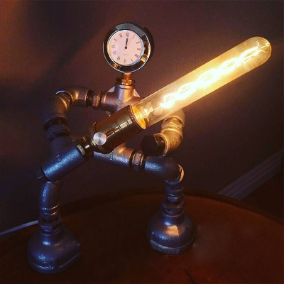 Industrial Fighting Robot Table Lamp with Clock Accent in Silver Finish