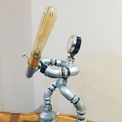 Industrial Fighting Robot Table Lamp with Clock Accent in Silver Finish