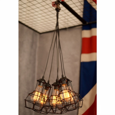 Industrial Vintage Cluster Multi-Light Pendant in Bronze Finish, 6 Lights