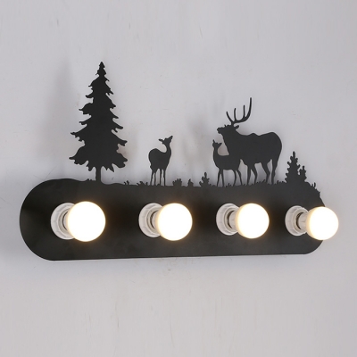 Industrial Vintage Wall Light with Deer and Pine Tree in Black Finish, 4 Lights