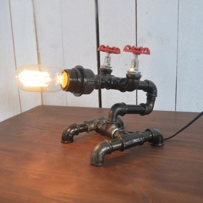 Industrial Loft Pipe Table Lamp in Black Finish with Bare Edison Bulb