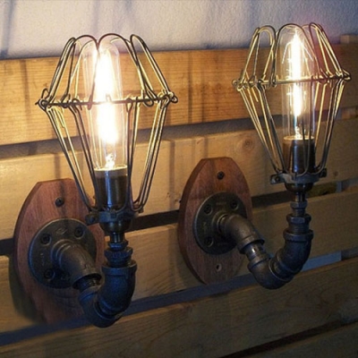 Industrial Loft Vintage Wall Sconce with Black Wire Cage, Uplighting
