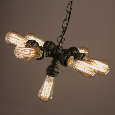 Adjustable 7 Bulb Pipe LED Pendant Chandelier in Antique Iron Finish