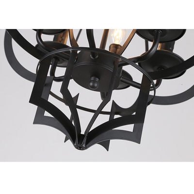 Industrial Candelabra Chandelier 6 Light with Bird Lantern Metal Cage in Black