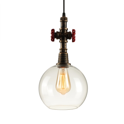 Industrial Water Valve Pendant Light in Antique Bronze Finish with Globe Glass Shade