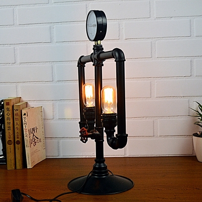 Retro Industrial Table Lamp in Black Finish, 2 Lights Uplighting