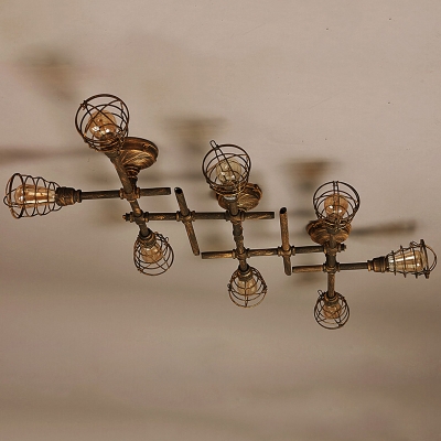 Industrial Cross Plumbing Semi Flush Mount Ceiling Light in Rust Finsh, 8 Lights 55'' Width