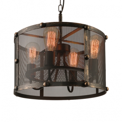 Retro Black Finished Four Light Pendant Chandelier in Drum Shape